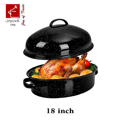 Anycook 18-Inch Covered Oval Roasting Pan with Lid, Thanksgiving Turkey Roaster, 9 Quart Capacity, Enameled Steel, Fits up to 12 lb Poultry with Lid (15 lb without Lid), Oven Roasting Pan with Rack