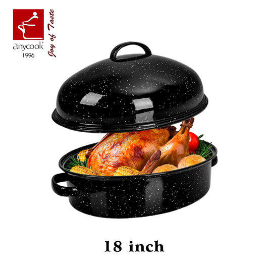 Anycook 18-Inch Covered Oval Roasting Pan with Lid, Thanksgiving Turkey Roaster, 9 Quart Capacity, Enameled Steel, Fits up to 12 lb Poultry with Lid (15 lb without Lid), Oven Roasting Pan with Rack