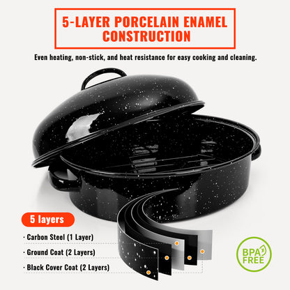 Anycook 18-Inch Covered Oval Roasting Pan with Lid, Thanksgiving Turkey Roaster, 9 Quart Capacity, Enameled Steel, Fits up to 12 lb Poultry with Lid (15 lb without Lid), Oven Roasting Pan with Rack