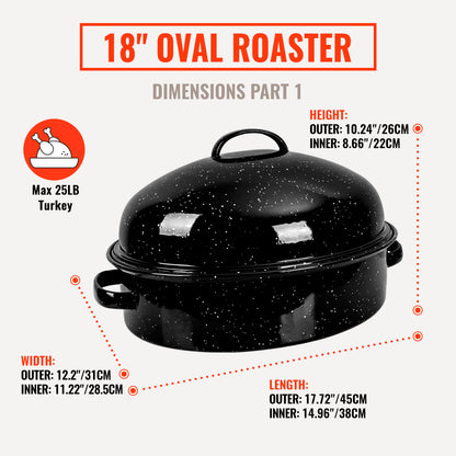 Anycook 18-Inch Covered Oval Roasting Pan with Lid, Thanksgiving Turkey Roaster, 9 Quart Capacity, Enameled Steel, Fits up to 12 lb Poultry with Lid (15 lb without Lid), Oven Roasting Pan with Rack
