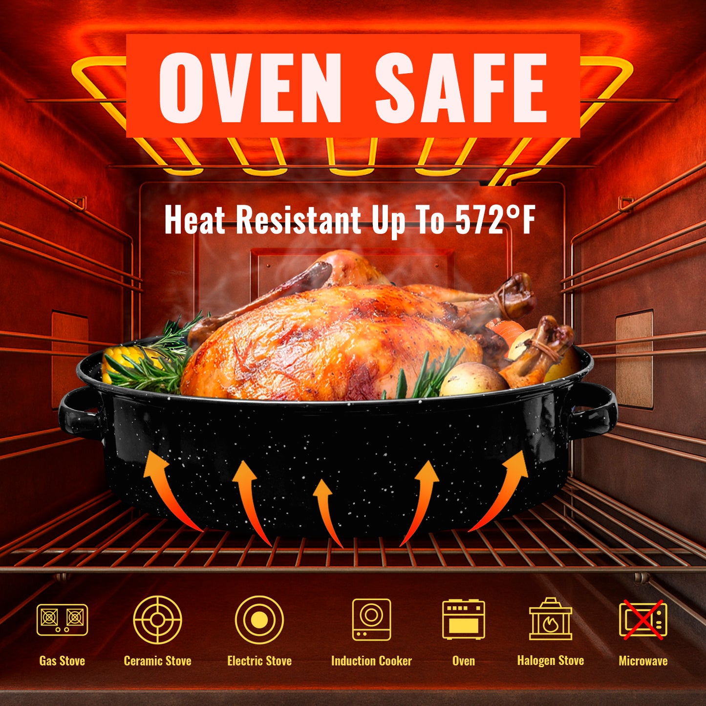 Anycook 18-Inch Covered Oval Roasting Pan with Lid, Thanksgiving Turkey Roaster, 9 Quart Capacity, Enameled Steel, Fits up to 12 lb Poultry with Lid (15 lb without Lid), Oven Roasting Pan with Rack