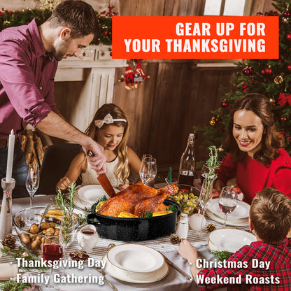 Anycook 18-Inch Covered Oval Roasting Pan with Lid, Thanksgiving Turkey Roaster, 9 Quart Capacity, Enameled Steel, Fits up to 12 lb Poultry with Lid (15 lb without Lid), Oven Roasting Pan with Rack